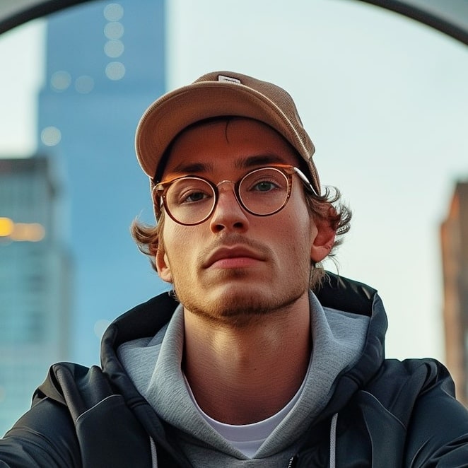Young man in baseball caps wearing glasses